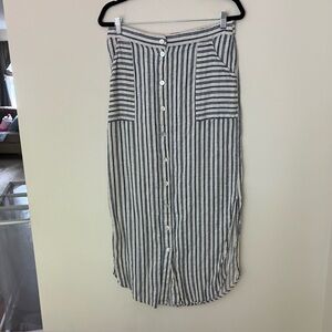 Tahari Women’s Blue 100% Linen Button Button-Down Striped Maxi Skirt Size Large